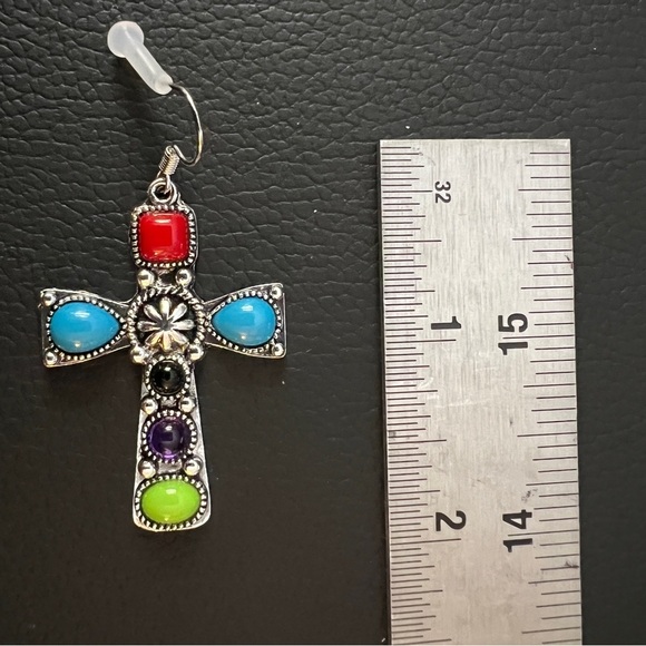 ❤️ Southwestern Multicolor Cross Stone Earrings Native Boho Tribal - Picture 4 of 4